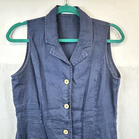 MNG Mango Navy Blue 100% Linen Shirt Dress Sleeveless Brown Button Up - Picture 3 of 9